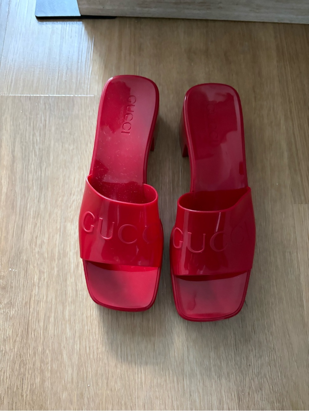 Gucci Red Patent Square-Toe Slide Mules